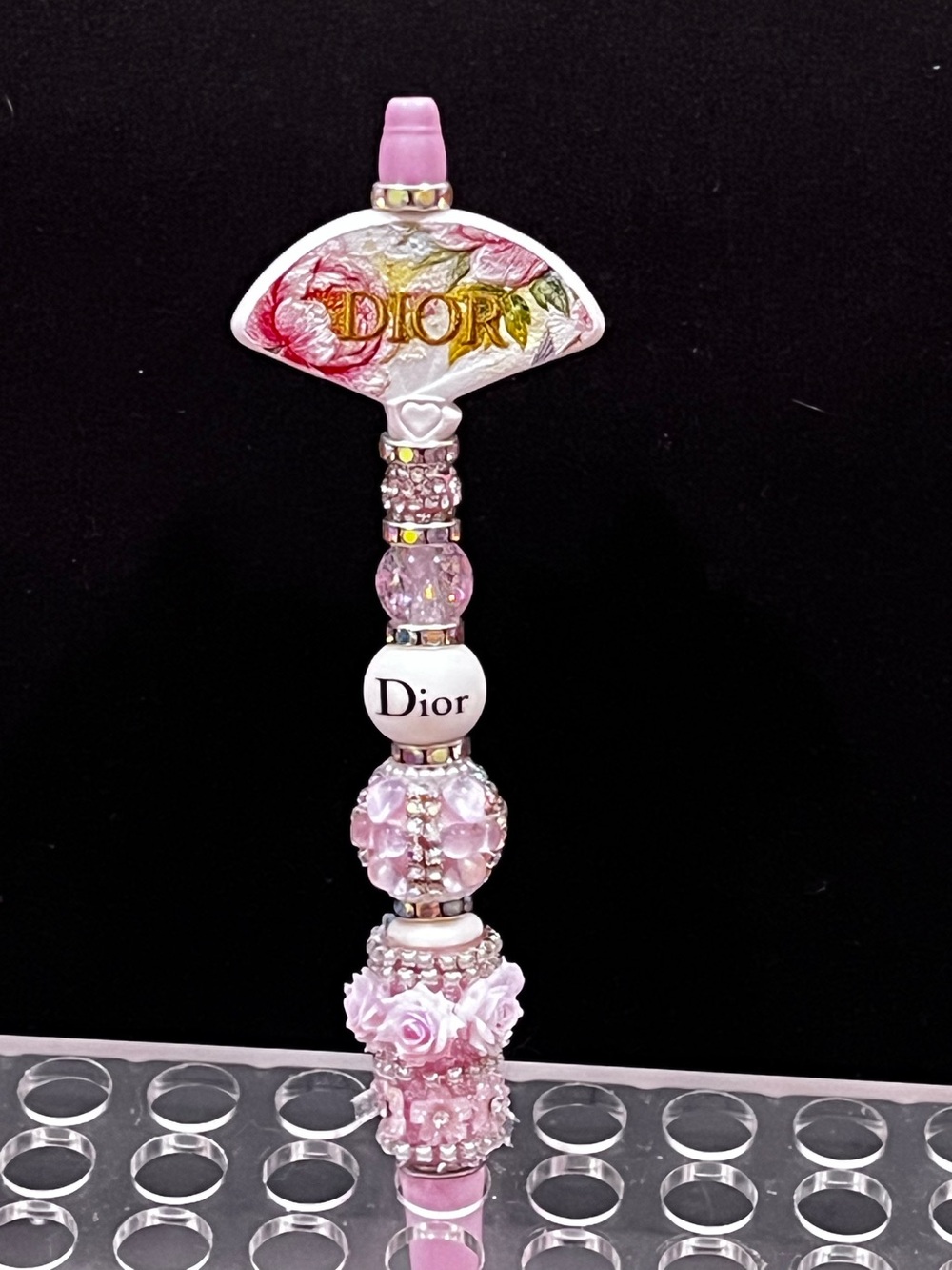 Rare Designer inspired Pink Floral fan focal Beaded Decorative Pen!